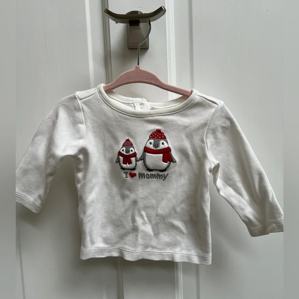Gymboree 3-6M White and Red I Heart Mommy Penguin Long Sleeve Girls Top Blouse